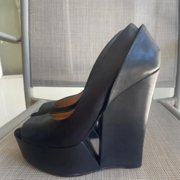 L.A.M.B. Black Leather Amour Wedge Cut Out Platform Heels - Picture 2 of 9